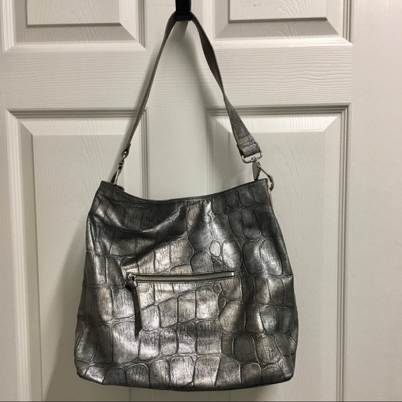 Pewter Kate Landry Leather Croc Shoulder Bag Purse - Picture 3 of 8
